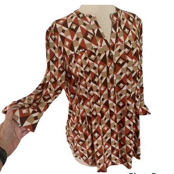 COCOMO Medium Brown Orange White 3/4 sleeve women's Pintuck Blouse top shirt - Picture 3 of 16